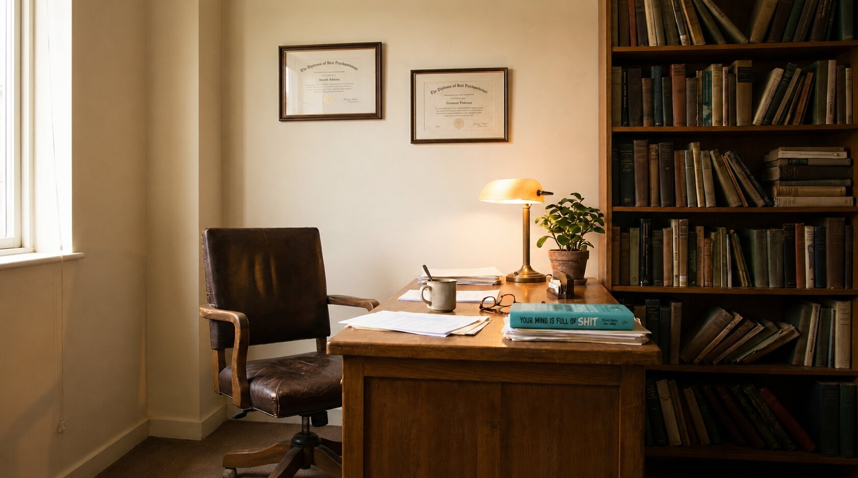 A psychiatrist's private office in warm daylight: a wooden desk with a banker's lamp, papers and reading glasses, and Dr. Shariq Refai's book Your Mind Is Full of Sh!t resting on the desk, beside a worn leather chair and a tall shelf of old books.